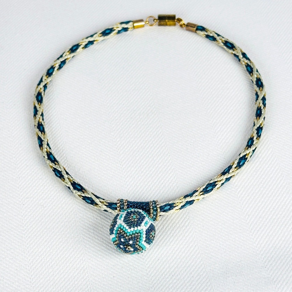 Artisan Boho Teal Blue Gold Crochet Seed Beaded Orb Braided Cord Necklace - Picture 5 of 7